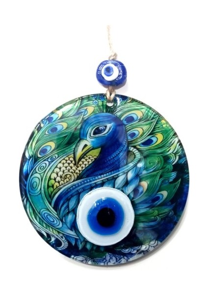 Tavus Kuşu Desenli Füzyon Cam Nazar Boncuklu El Yapımı Duvar Süsü fiyatları
