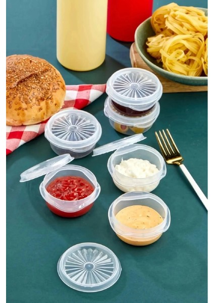 9 Lu Yelpaze Kapaklı Şeffaf Mini Sosluk - Ketçap Mayonez Kabı- Kahve Yanı Şeker Lokumluk