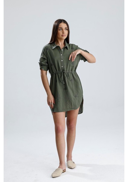 Nakışlı Gömlek Elbise - Haki