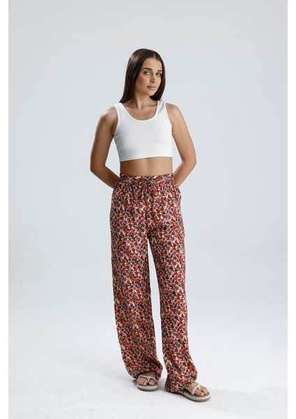 Çiçek Desenli Pantolon - Fuşya