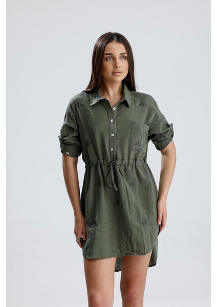 Nakışlı Gömlek Elbise - Haki fırsatları