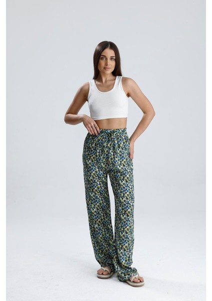 Çiçek Desenli Pantolon - Mavi