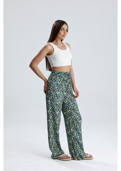 Çiçek Desenli Pantolon - Mavi modelleri