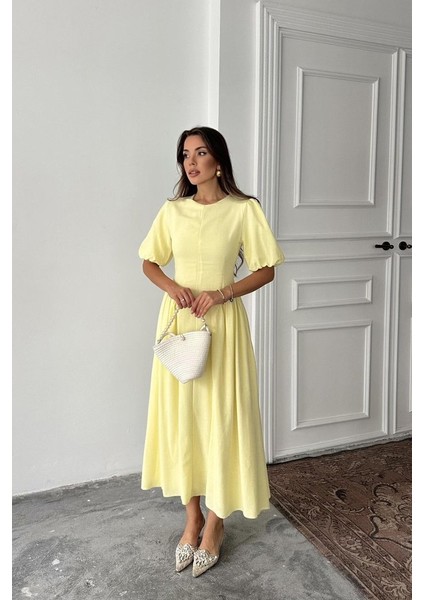 Sarı Arkadan Bağlamalı Büzgülü Keten Elbise fiyatları