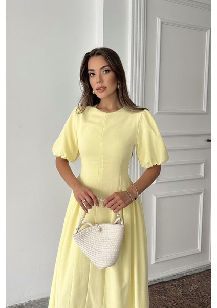 Sarı Arkadan Bağlamalı Büzgülü Keten Elbise fırsatları