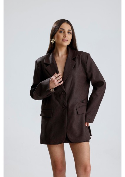 Üç Cepli Önü Düğmeli Oversize Blazer Ceket - Kahverengi