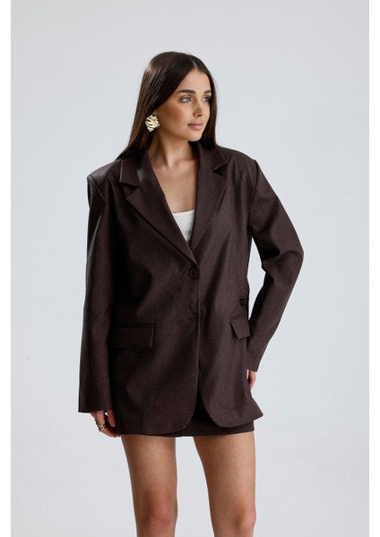 Üç Cepli Önü Düğmeli Oversize Blazer Ceket - Kahverengi modelleri