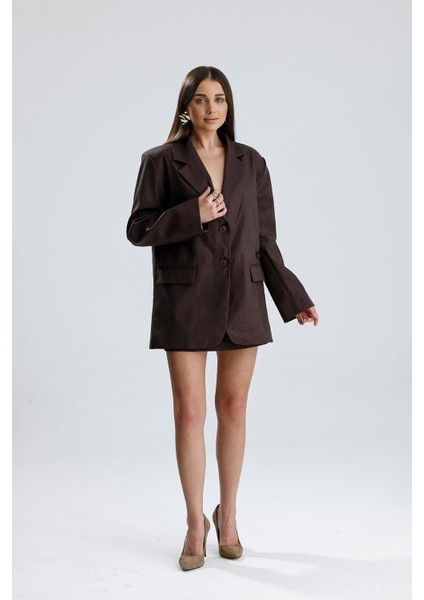 Üç Cepli Önü Düğmeli Oversize Blazer Ceket - Kahverengi indirimleri