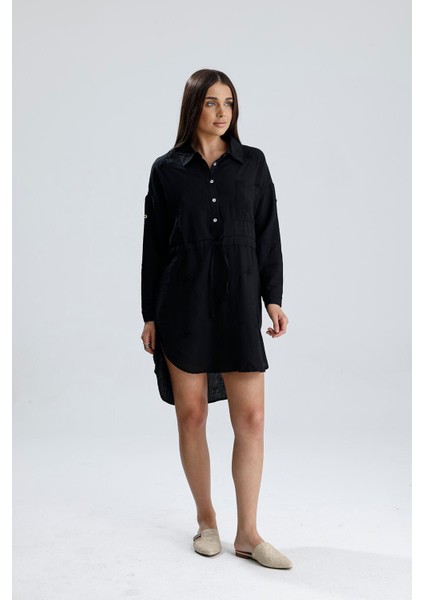 Nakışlı Gömlek Elbise - Siyah