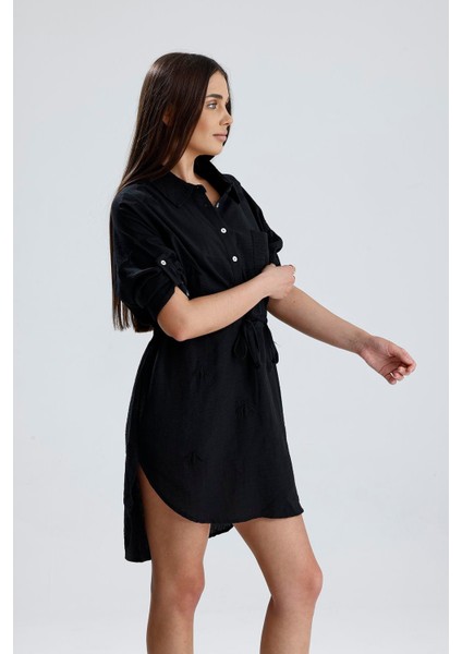 Nakışlı Gömlek Elbise - Siyah fırsatları