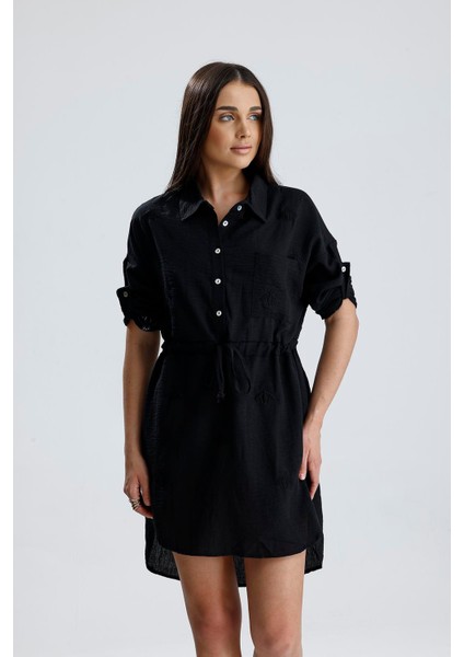 Nakışlı Gömlek Elbise - Siyah indirimleri