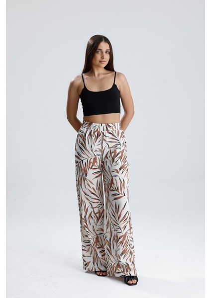 Yaprak Desenli Beli Lastikli Keten Pantolon - Vizon