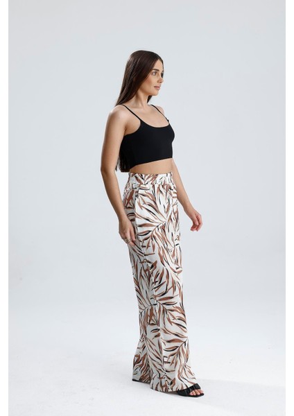 Yaprak Desenli Beli Lastikli Keten Pantolon - Vizon fiyatları