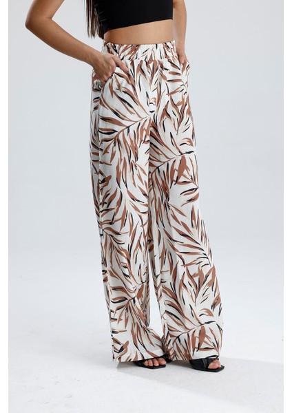 Yaprak Desenli Beli Lastikli Keten Pantolon - Vizon modelleri