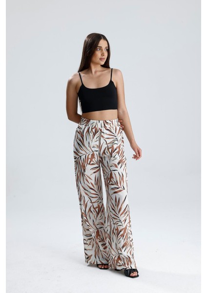 Yaprak Desenli Beli Lastikli Keten Pantolon - Vizon fırsatları