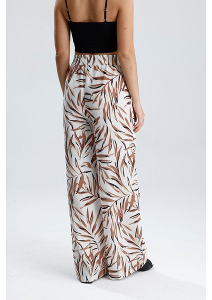 Yaprak Desenli Beli Lastikli Keten Pantolon - Vizon indirimleri