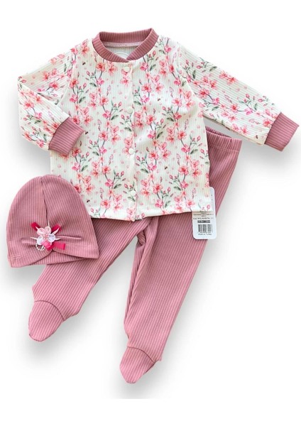 3-6-9-12 Ay Çiçek Baskılı Şapkalı Çıtçıt Kapamalı Patikli 3lü Kız Bebek Takımı Gül Kurusu