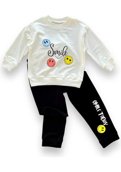 6-9-12-18 Ay Emoje Baskılı Pamuk Penye Kumaş Erkek Bebek Takımı Siyah