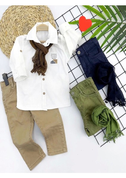 9-12-18-24 Ay ve 3-4-5 Yaş Fularlı Pamuk Keten Gömlekli Pantolonlu 3lü Erkek Bebek Takımı Lacivert