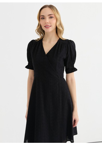 Kruvaze Yaka Desenli Siyah Standart Kadın Elbise 25YSL7617