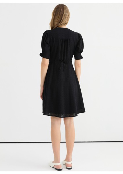 Kruvaze Yaka Desenli Siyah Standart Kadın Elbise 25YSL7617