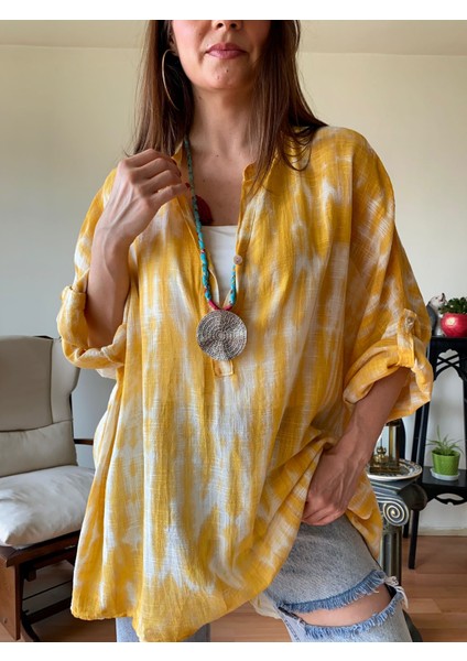 Batik Desen Oversize Ithal Keten Gömlek