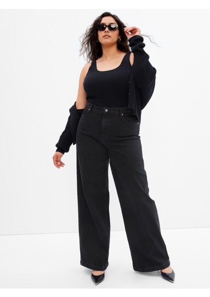 Kadın Siyah High Rise Stride Wide-Leg Jean Pantolon