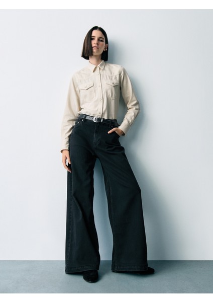 Kadın Siyah High Rise Stride Wide-Leg Jean Pantolon fiyatları