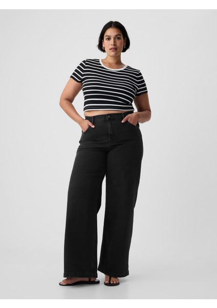 Kadın Siyah High Rise Stride Wide-Leg Jean Pantolon