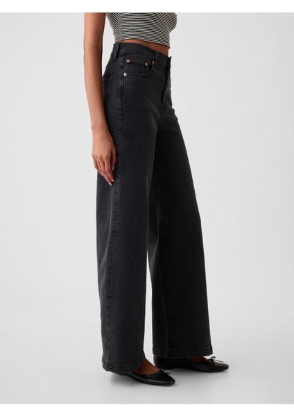 Kadın Siyah High Rise Stride Wide-Leg Jean Pantolon