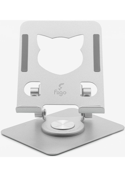 360 Derece Dönebilen Tablet ve Telefon Standı Kedi Figürlü Metal Silver