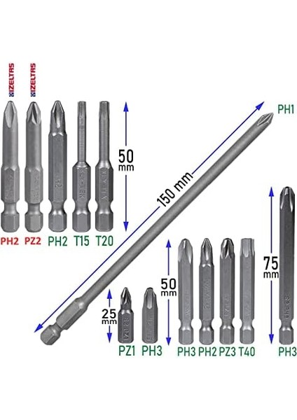 13 Parça Set Izeltaş-Klytek Matkap Bits Uç Vidalama Ucu Düz Yıldız Torx Uç
