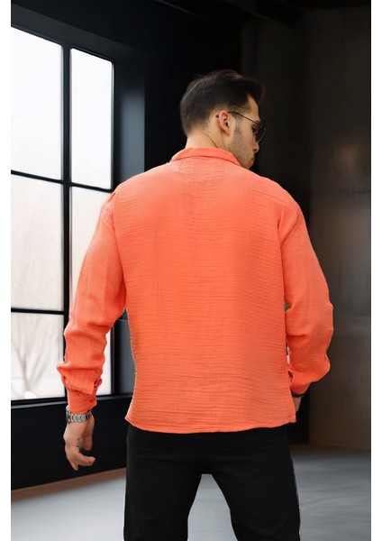 Oversize Müslin Kumaş Apaş Yaka Gömlek - Kiremit fırsatları