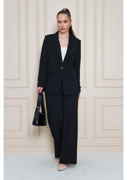 Şal Yaka Çizgili Krep Takım Siyah