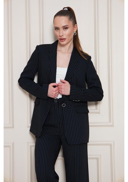 Şal Yaka Çizgili Krep Takım Siyah