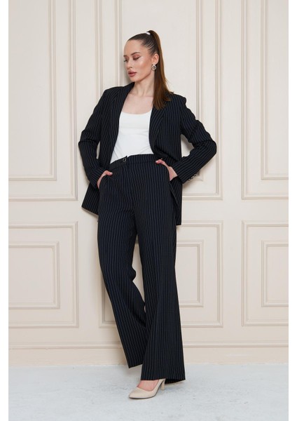 Şal Yaka Çizgili Krep Takım Siyah