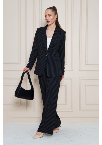 Şal Yaka Çizgili Krep Takım Siyah
