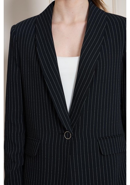 Şal Yaka Çizgili Krep Takım Siyah