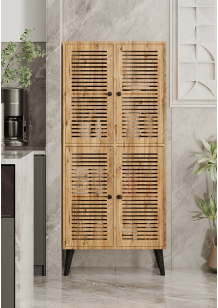 Deneb Mdf Atlantik Çam Rengi 4 Kapaklı(Panjur Kapak) Ahşap Ayaklı Kiler Dolabı