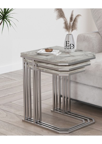 Lyon 3'lü C Zigon Sehpa Gümüş Metal - Beyaz Mermer Tabla