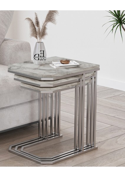 Lyon 3'lü C Zigon Sehpa Gümüş Metal - Beyaz Mermer Tabla fiyatları