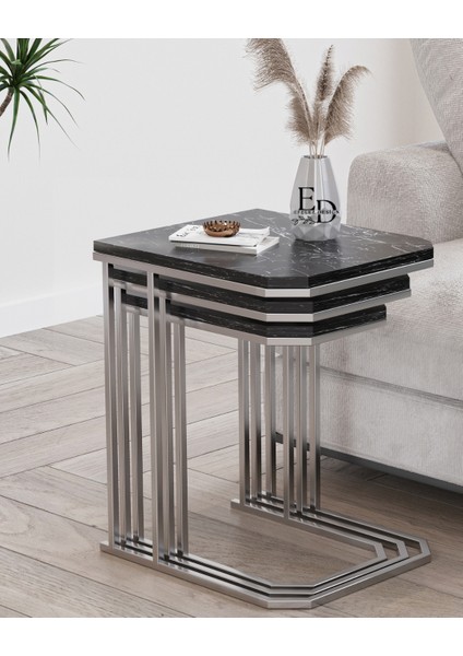 Lyon 3'lü C Zigon Sehpa Gümüş Metal - Siyah Mermer Tabla