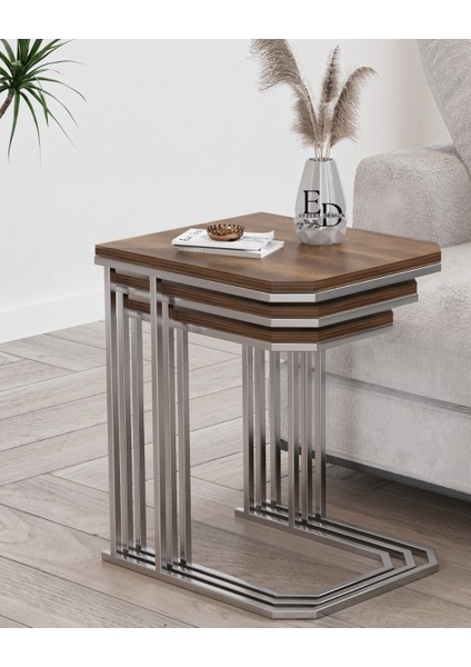 Lyon 3'lü C Zigon Sehpa Gümüş Metal - Barok Tabla