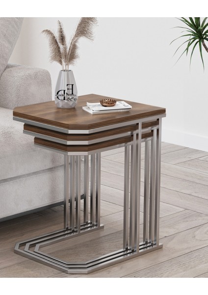Lyon 3'lü C Zigon Sehpa Gümüş Metal - Barok Tabla