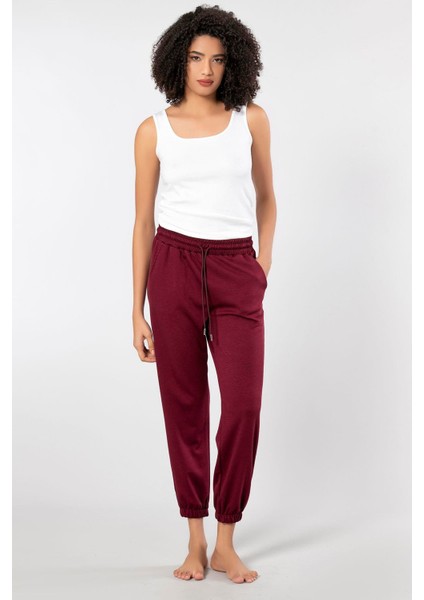 Bordo Kadın Paçası Lastikli Yumuşak Dokulu Eşofman Alt 199