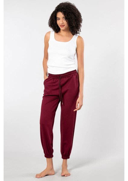 Bordo Kadın Paçası Lastikli Yumuşak Dokulu Eşofman Alt 199 modelleri