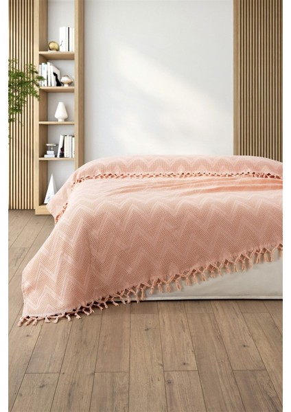 %100 Pamuk Çift Kişilik Bağlama Saçaklı PIKE-220X240 Cm-Pudra