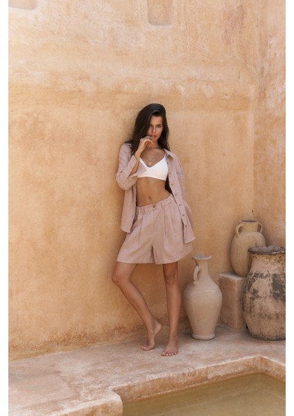 Gaelil Oversize Vizon Keten Gömlek Şort Takım