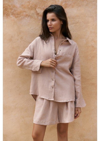 Gaelil Oversize Vizon Keten Gömlek Şort Takım fiyatları