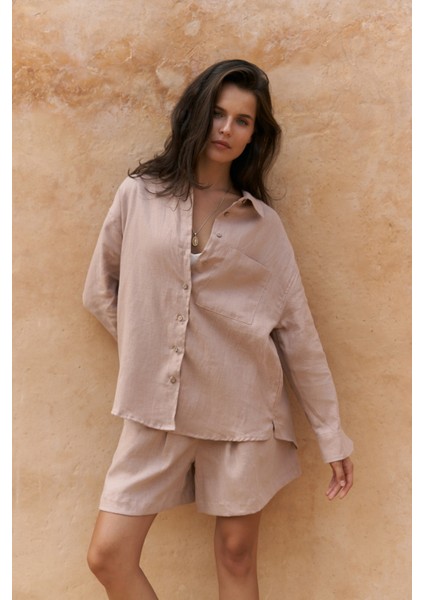 Gaelil Oversize Vizon Keten Gömlek Şort Takım modelleri